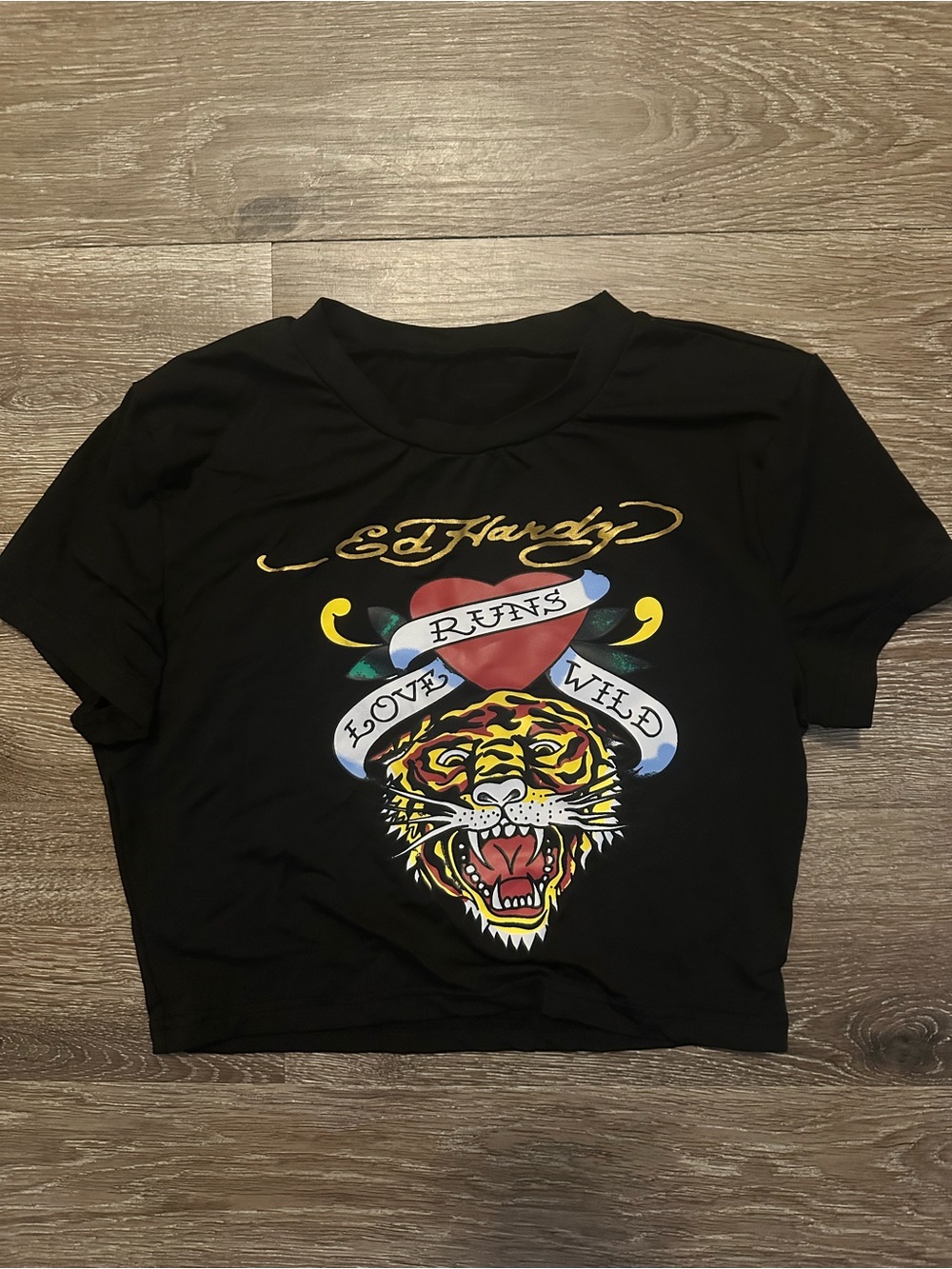 Ed Hardy Black Kids Tee with Multicolor Tiger & Heart Graphic